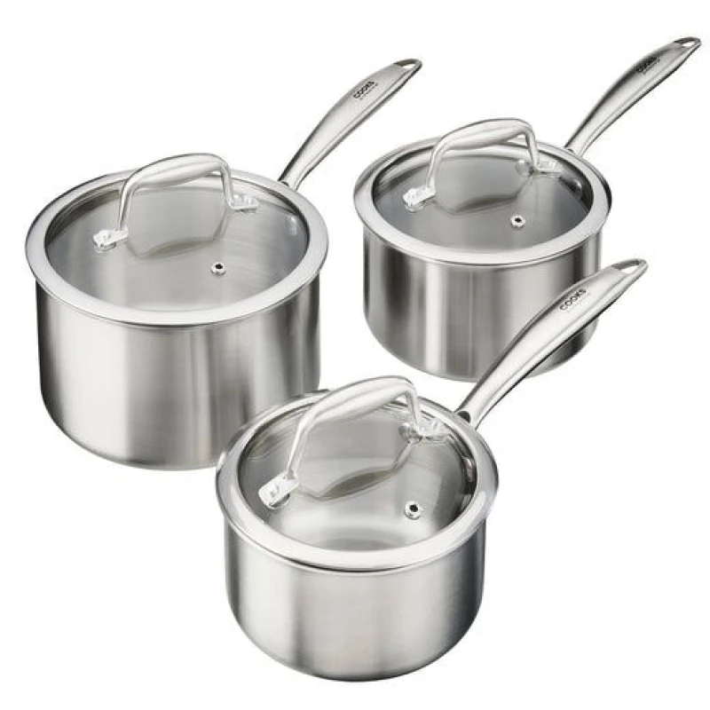 Image of Cooks Professional 3 Piece Tri-Ply Saucepan Set with Lids for All Hobs - 14, 16 & 18cm in Silver Size: 3 Pack Silver Unisex 3 Pack