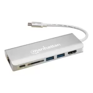 Image of Manhattan USB-C Dock/Hub with Card Reader Ports (x5): Ethernet HDMI USB-A (x2) and USB-C With Power Delivery to USB-C Port (60W) Cable 13cm Aluminium