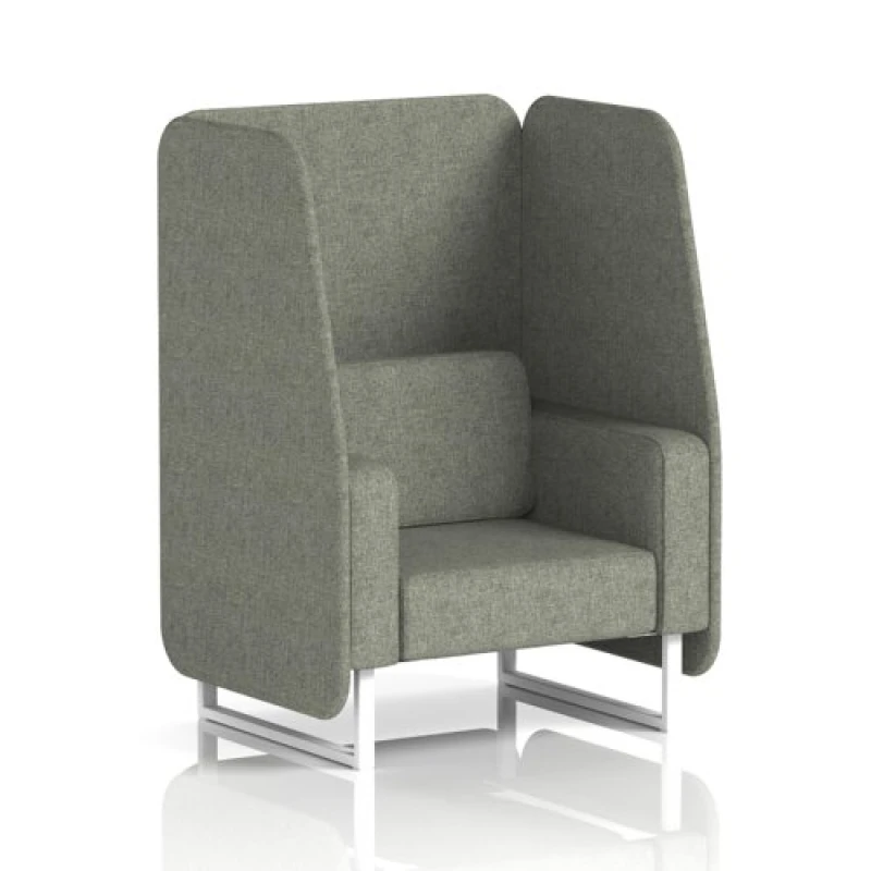 Image of Brixworth 1 Seater Open Office Booth with White Legs in Rivet Fabric - Vitreous Panels and Sofa