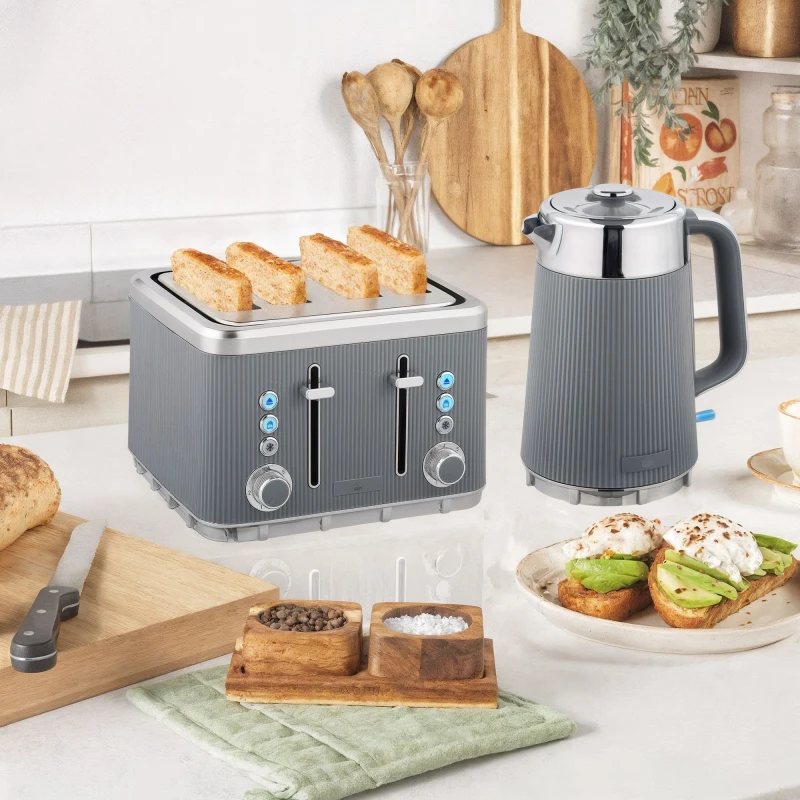 Image of HOMCOM HOMCOM Rapid Boil Kettle and 4 Slice Toaster Set w/Strix Thermostat, 1.7L 3000W in Grey Grey One Size Unisex 5063603975651