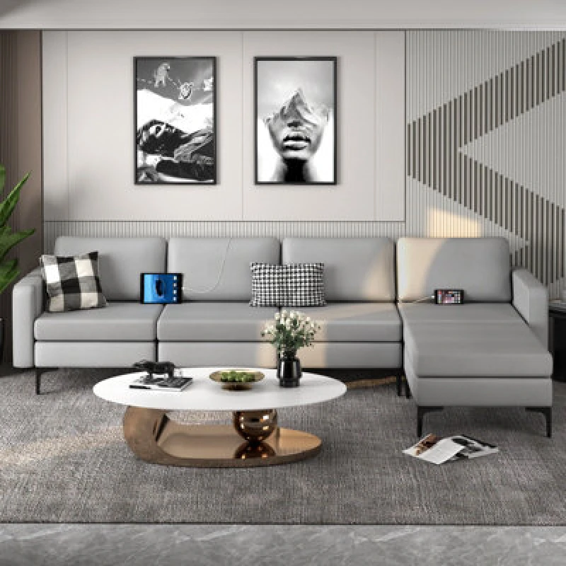 Image of Costway Modular L-Shaped Sectional Sofa Couch W/ Chaise Reversible Ottoman (4 Power Outlets & 4 USB Ports)