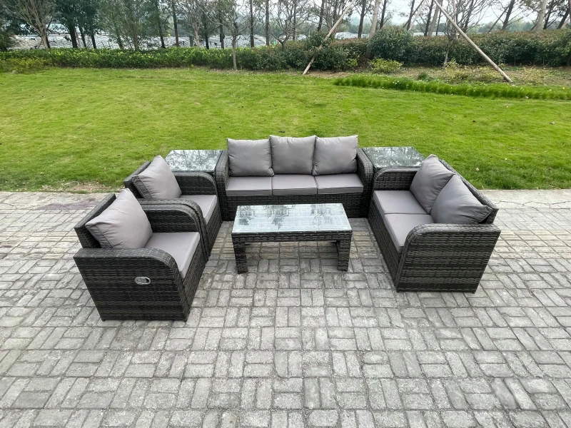 Image of Fimous Outdoor Rattan Garden Furniture Set Rattan Lounge Sofa Set with Rectangular Coffee Table 2 Side Tables Dark Grey Mixed Dark Grey