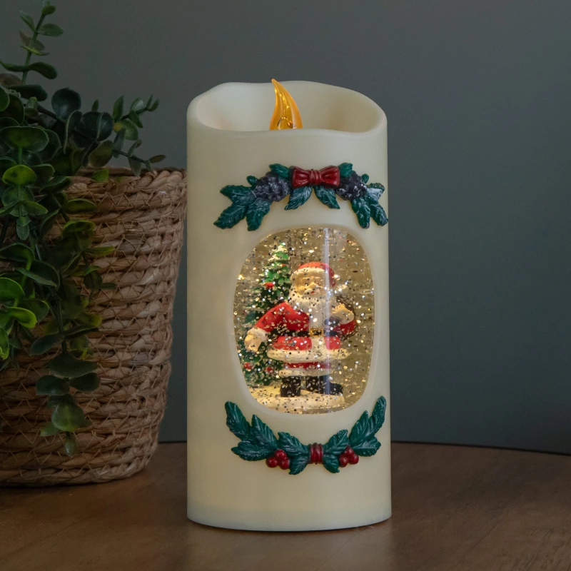 Image of 20cm Dual Powered Light up Christmas Pillar Candle Water Spiner with Santa and LEDs