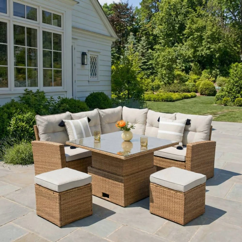 Image of Home Garden Direct St.Tropez Garden Corner Sofa with Rising Table Brown Brown Unisex