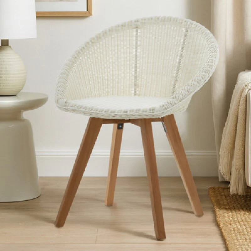 Image of Premier Housewares Modern Design Lounge Chair, Comfortable White Faux Rattan Upholstered Armless Chair, Sturdy Wooden Chair Brown