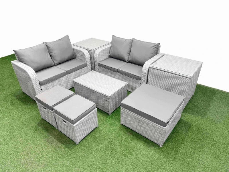 Image of Fimous 7 Seater Outdoor Love Sofa Set Rattan Garden Furniture Set with Rectangular Coffee Table 3 Footstool 2 Side Tables Light Grey Light Grey