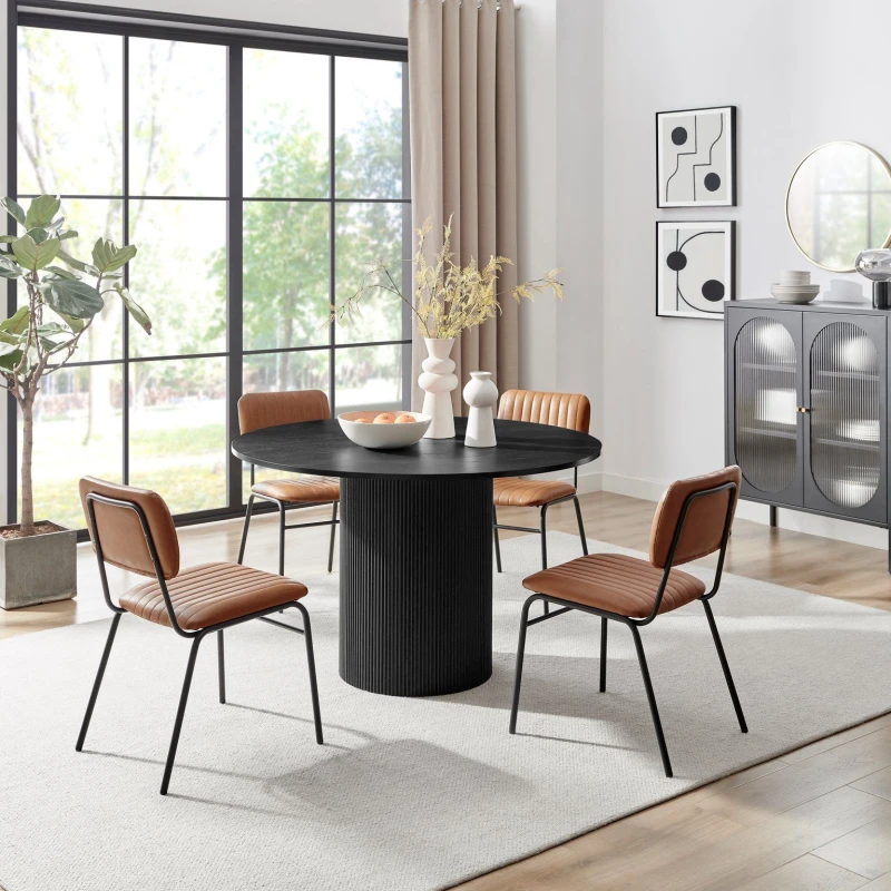 Image of FurnitureboxUK FurnitureboxUK Penrose Black Round Dining Table & 4 Tan Delta Chairs Tan One Size Unisex 5061064385446