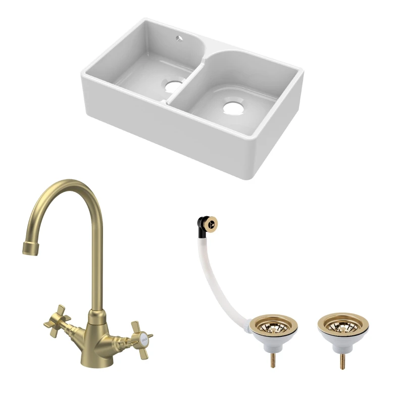 Image of Balterley Fireclay 2 Bowl Stepped Weir Butler Sink Wastes Crosshead Tap 795mm Bronze