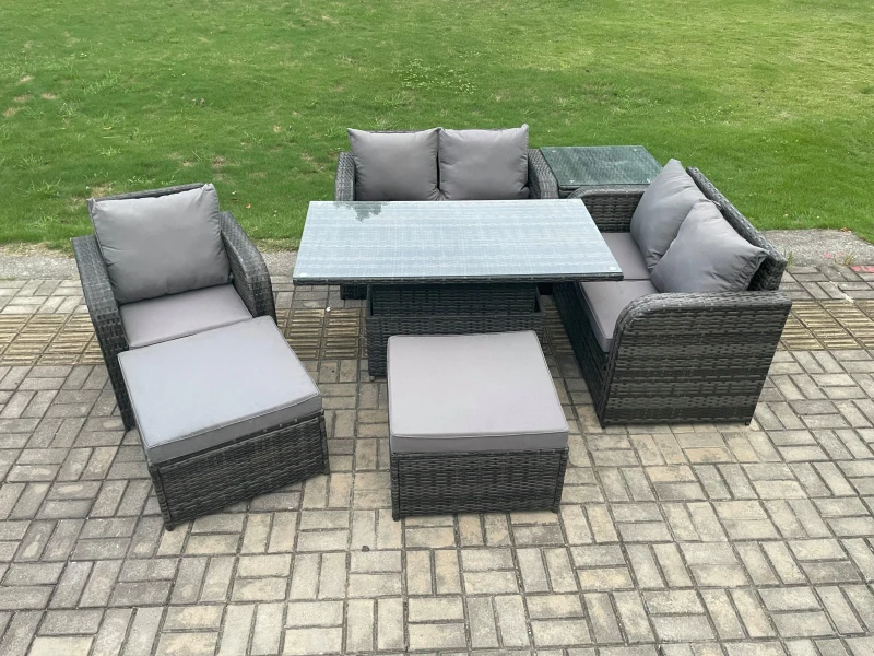 Image of Fimous 7 Seater Rattan Furniture Garden Dining Set Outdoor Height Adjustable Rising lifting Table Love Sofa Chair With Side Table Dark Grey