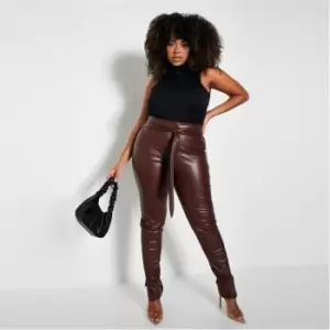 Image of I Saw It First Plus Size Faux Leather Belted Split Hem Trousers - Brown