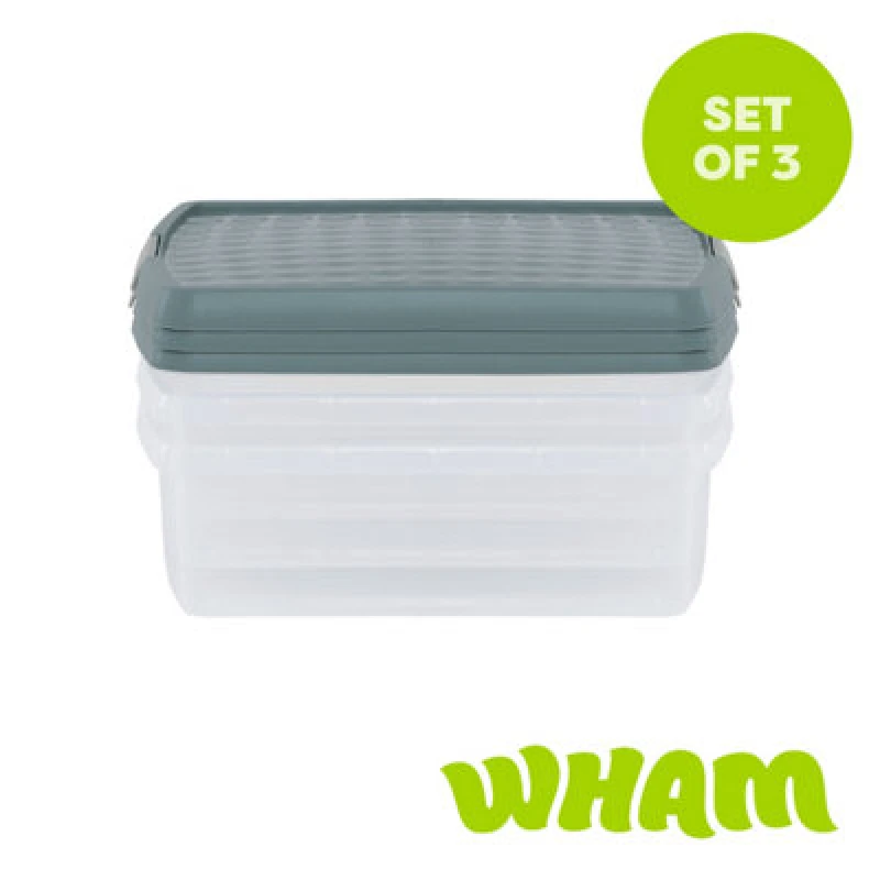 Image of Wham Clip 3X 13.2L Square Plastic Storage Boxes With Clip Lock Lids. Ideal For Home, Office, Toys & More - Clear/green Milieu