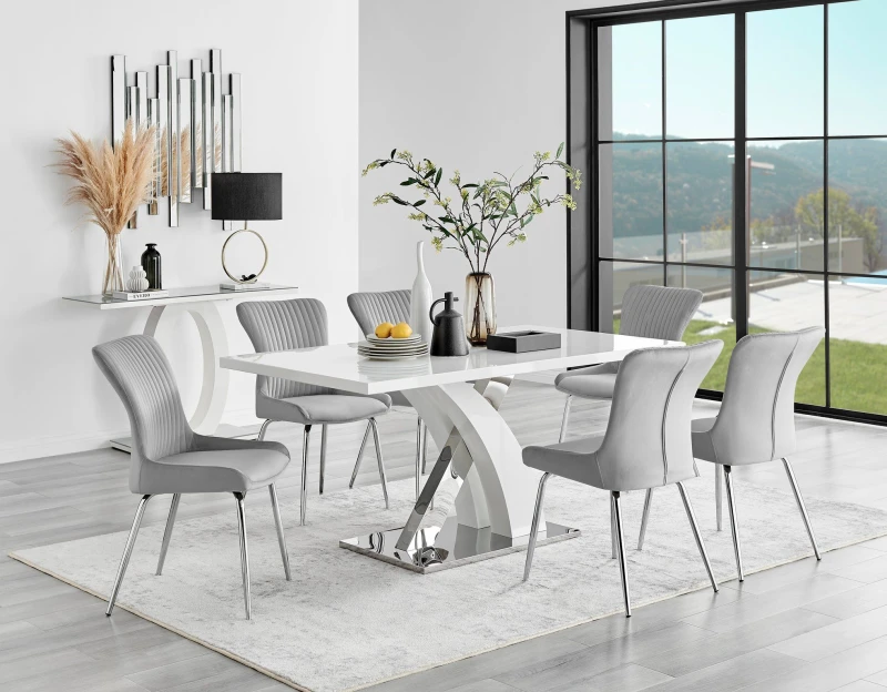 Image of FurnitureboxUK FurnitureboxUK Atlanta 6 White Dining Table and 6 Nora Silver Leg Chairs in Light Grey Light Grey One Size Unisex 5056657168575