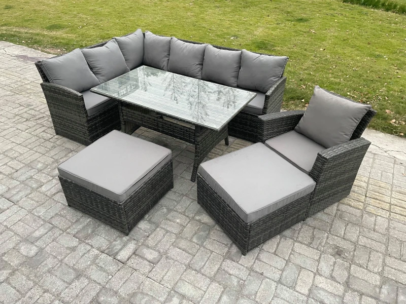 Image of Fimous 9 Seater Outdoor Rattan Garden Furniture Set with Rectangular Dining Table 2 Big Footstool Armchiar Patio Corner Sofa Set in Dark Grey Dark Gre