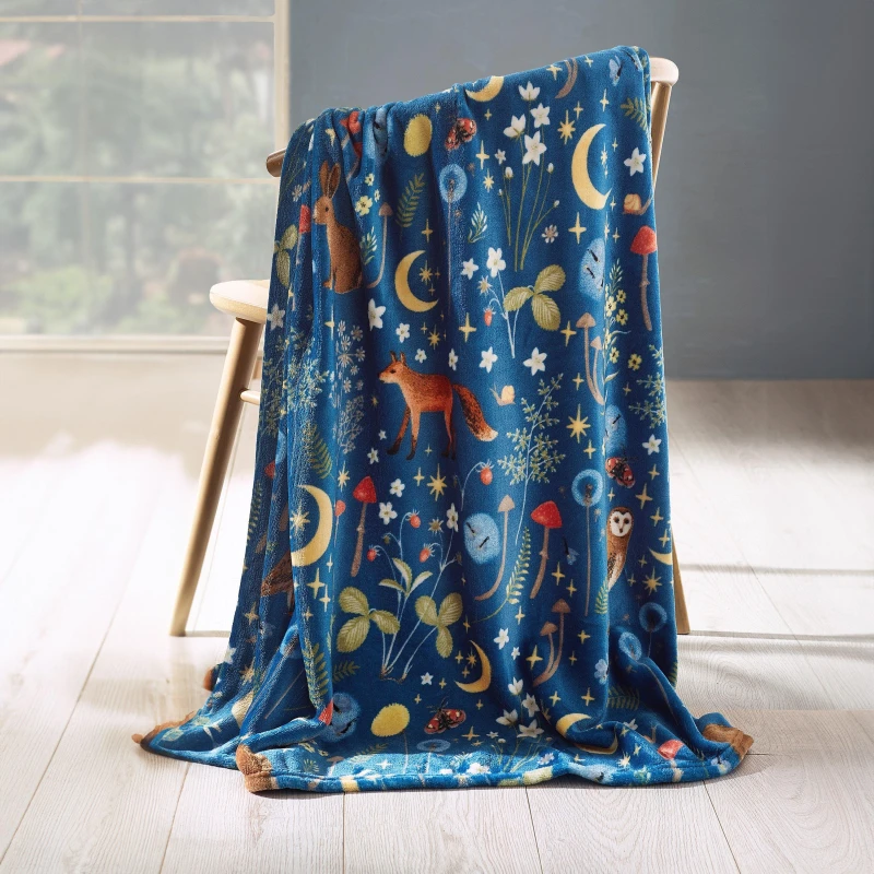 Image of Catherine Lansfield Catherine Lansfield 'Enchanted Twilight Animals' Cosy Fleece Blanket Throw in Navy Size: 130cm x 170cm Navy 130cm x 170cm Unisex