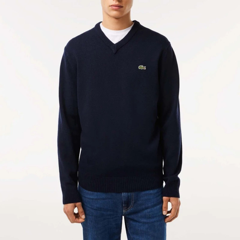 Image of Lacoste V-Neck Wool Sweatshirt - Blue Blue XS