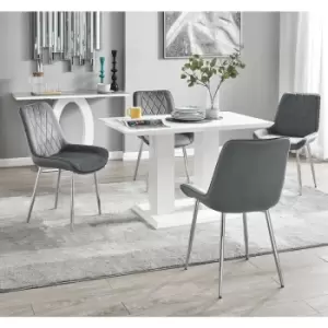 Image of Furniturebox UK - Furniturebox Imperia 4 High Gloss White Modern Dining Table And 4 Grey Pesaro Velvet Dining Chairs With Silver Legs Diamond