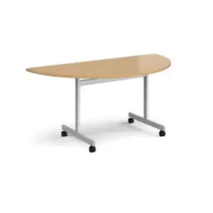 Image of Semi circular fliptop meeting table with silver frame 1600mm x 800mm - oak