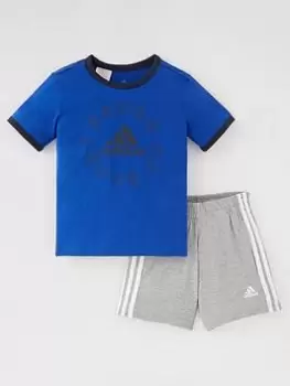 Image of adidas Infants Logo Graphic Short & T-Shirt Set - Blue/Grey, Blue/Grey, Size 3-4 Years, Women