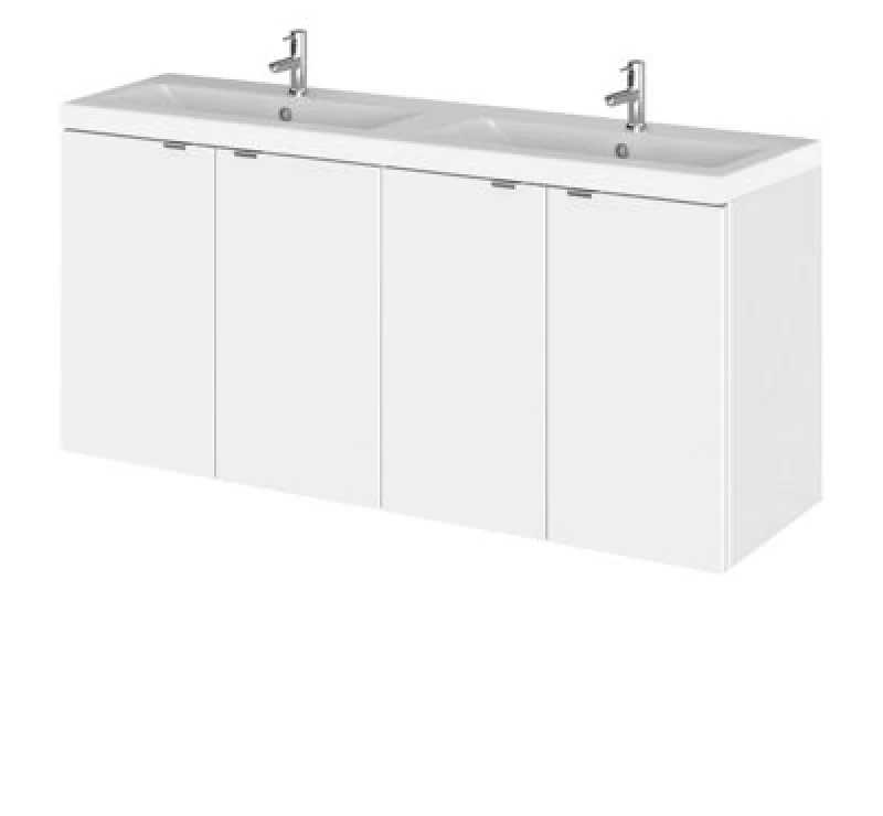 Image of Hudson Reed Fusion Wall Hung 4 Door Vanity Unit & Twin Ceramic Basin, Stylish Vanity Unit With Basin, Gloss White, 1200mm