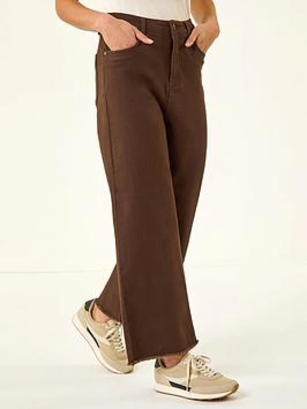 Image of Roman Womens Petite Cotton Frayed Hem Trouser in Chocolate Size: 12 Chocolate Female 12