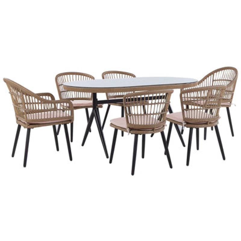 Image of Beliani Garden Dining Set 6 Seater Aliano With Cushions Pe Rattan Pastel Pink