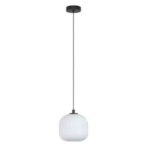 Image of Pendant Ceiling Light Colour Black Shade White Ridged Glass Bulb E27 1x40W