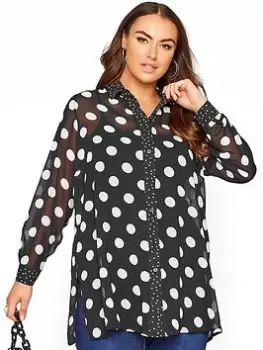 Image of Yours Mixed Polkadot Long Line Boyfriend Shirt - Black, Size 24, Women