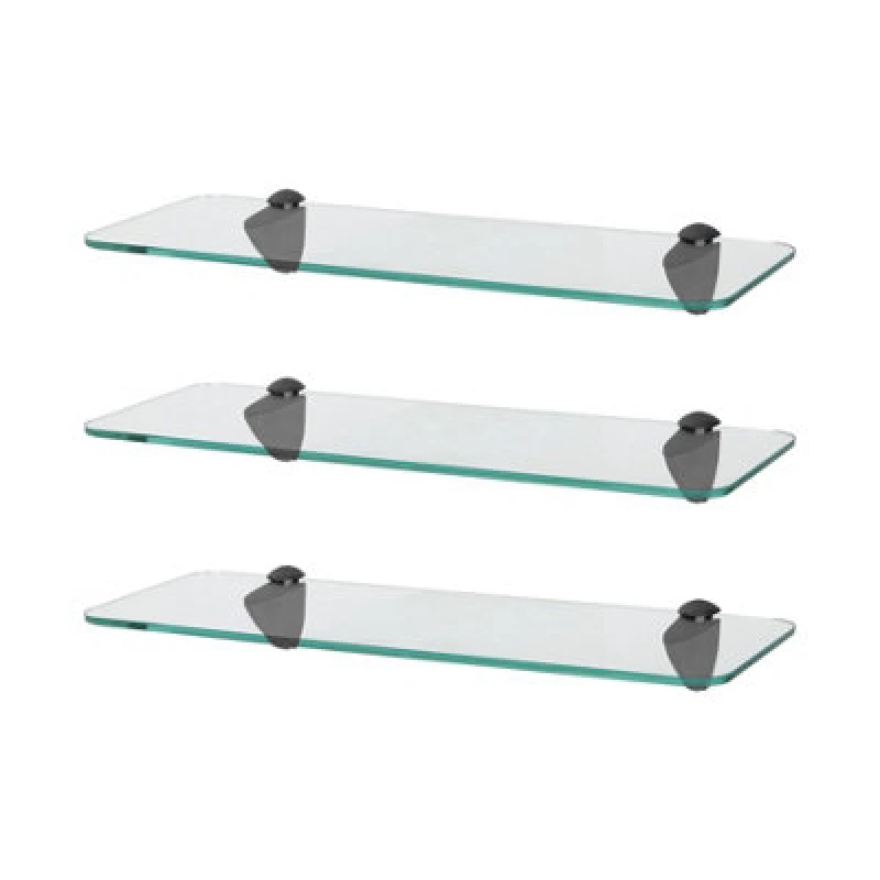 Image of Harbour Housewares 3X Rounded Floating Glass Shelves - 40Cm - Black Brackets - Bathroom Shower Storage Vanity Display Unit Shelf