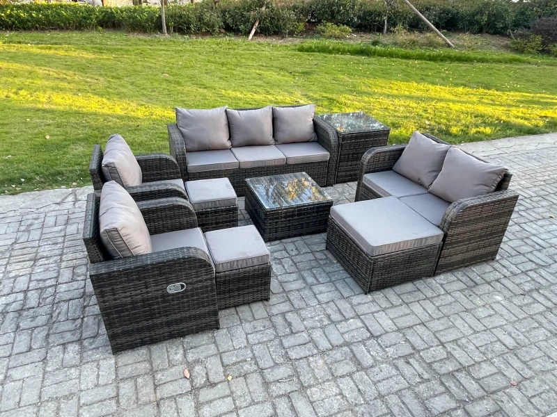 Image of Fimous 10 Seater Garden Furniture Set Rattan Outdoor Lounge Sofa Chair With Tempered Glass Table 3 Footstools Side Table Dark Grey Mixed Dark Grey