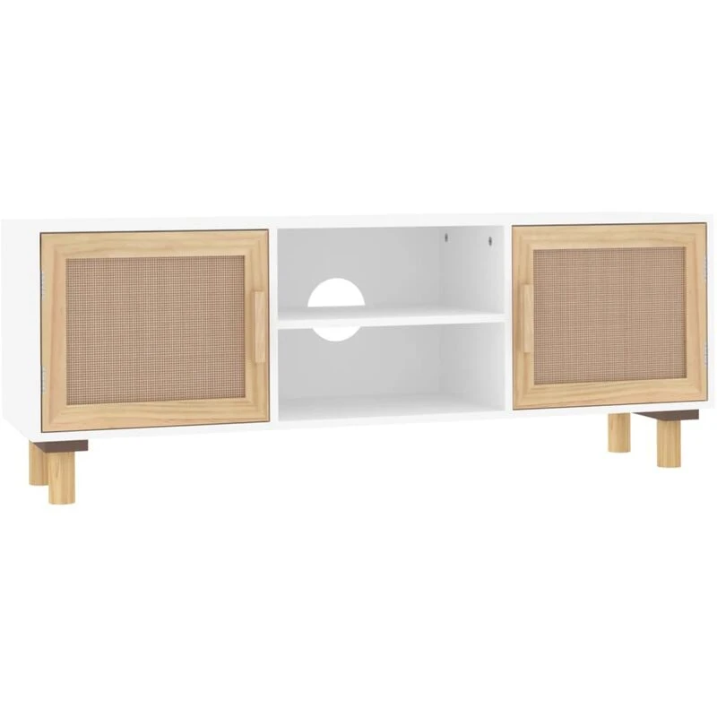 Image of Vidaxl TV Cabinet White 105X30X40 Cm Solid Wood Pine&natural Rattan, White 345615