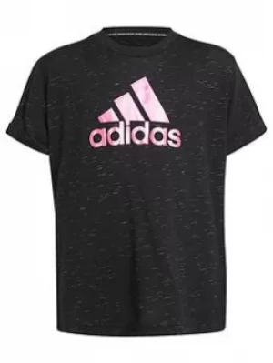 Image of adidas Junior Girls Badge Of Sport Tee, Black/Pink, Size 13-14 Years