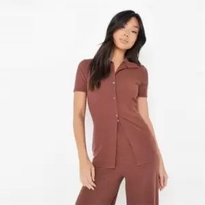Image of Missguided Crinkle Rib Ss Longline Polo Cardi - Brown