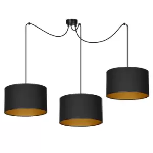 Image of Roto Black/Gold Pendant Ceiling Light with Black,Gold Fabric Shades, 3x E-27