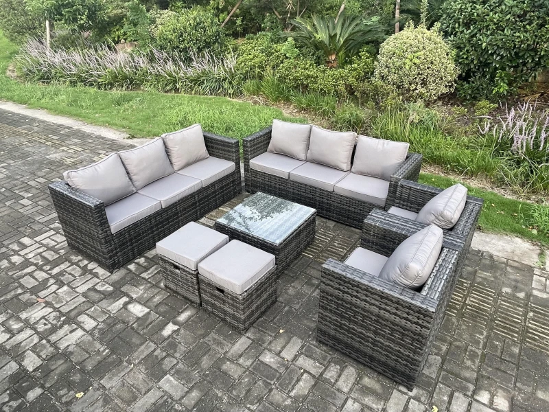 Image of Fimous 10 Seater Rattan Garden Furniture Sofa Set with 2 Armchairs Square Coffee Table 2 Small Footstools Indoor Side Table Dark Grey