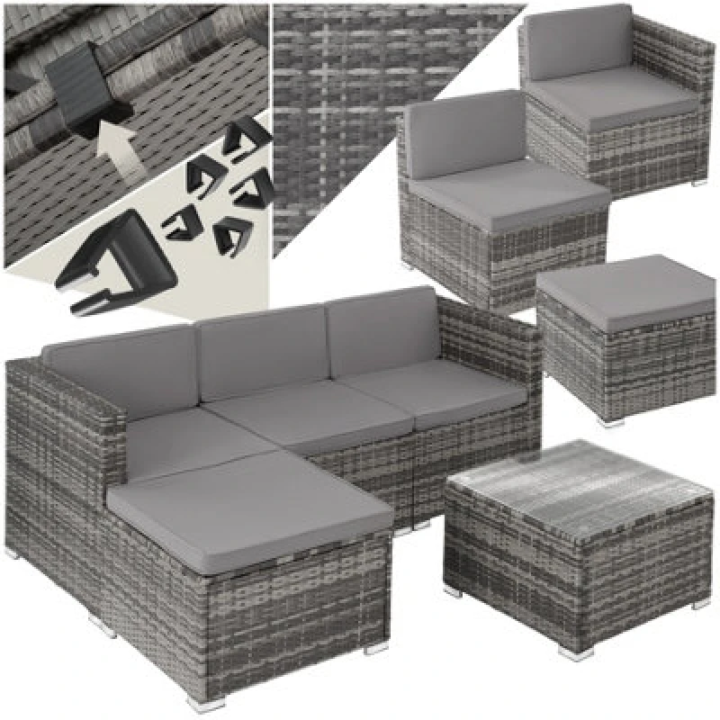 Image of Tectake Garden Furniture Set Lignano - Modular Sofa Set For 3 To 4 People, Coffee Table - Grey