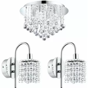 Image of Loops - Low Ceiling Light & 2x Matching Wall Lights Chrome & Crystal IP44 Bathroom Lamp