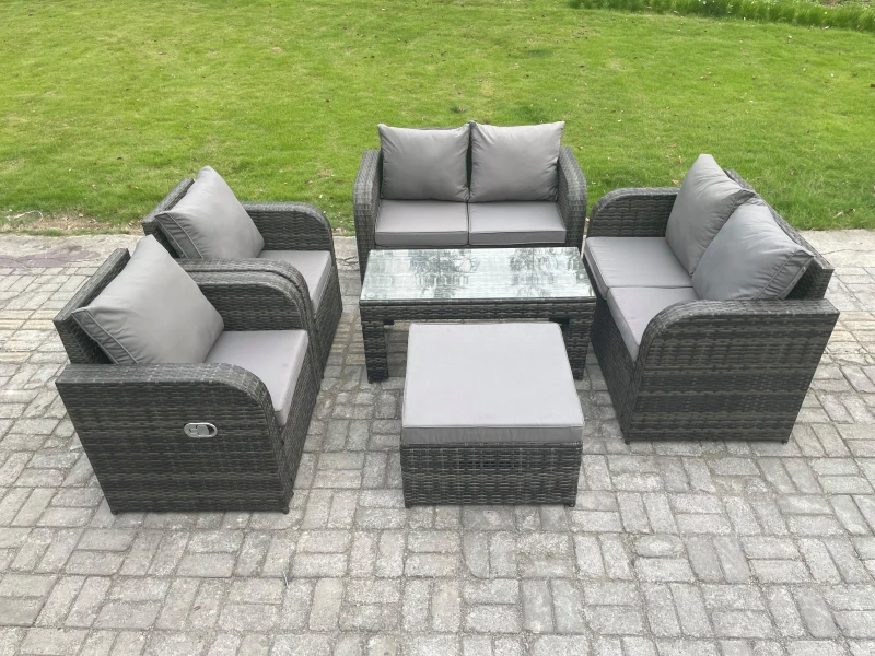 Image of Fimous Rattan Garden Furniture Set with Rectangular Coffee Table Big Footstool 7 Seater Patio Outdoor Lounge Sofa Set Dark Grey