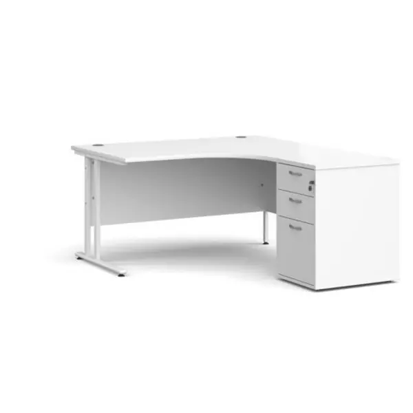 Image of Office Desk Right Hand Corner Desk 1400mm With Pedestal White Top With White Frame Maestro 25