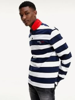 Image of Tommy Jeans TJM Long Sleeve Stripe Polo Shirt - Navy/White, Size XS, Men