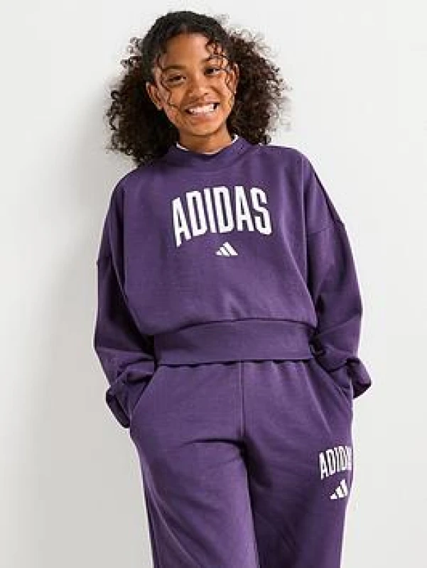 Image of Adidas SPORTSWEAR Crew Neck Sweatshirt in Unbrushed Fleece Purple Baby 7/8Y (120 to 126CM);15/16Y (168 to 174CM);13/14Y (153 to 162CM);11/12Y (144 to