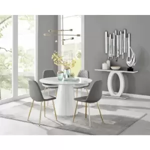 Image of Furniturebox Palma White High Gloss 4 Seat Minimalist Post Modern Round Dining Table & 4 Grey Corona Faux Leather Dining Chairs with Gold Legs