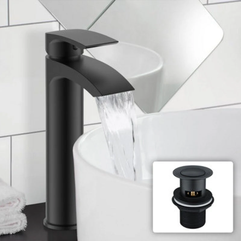 Image of Nes Home Libra Basin Mixer Tall Tap & Waste Black Matte