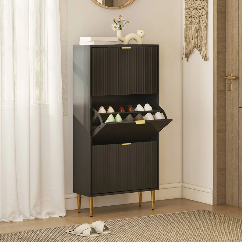 Image of HOMCOM Slim Shoe Storage Cabinet with 3 Flip Drawers for Hallway, Black 837-601V01BK
