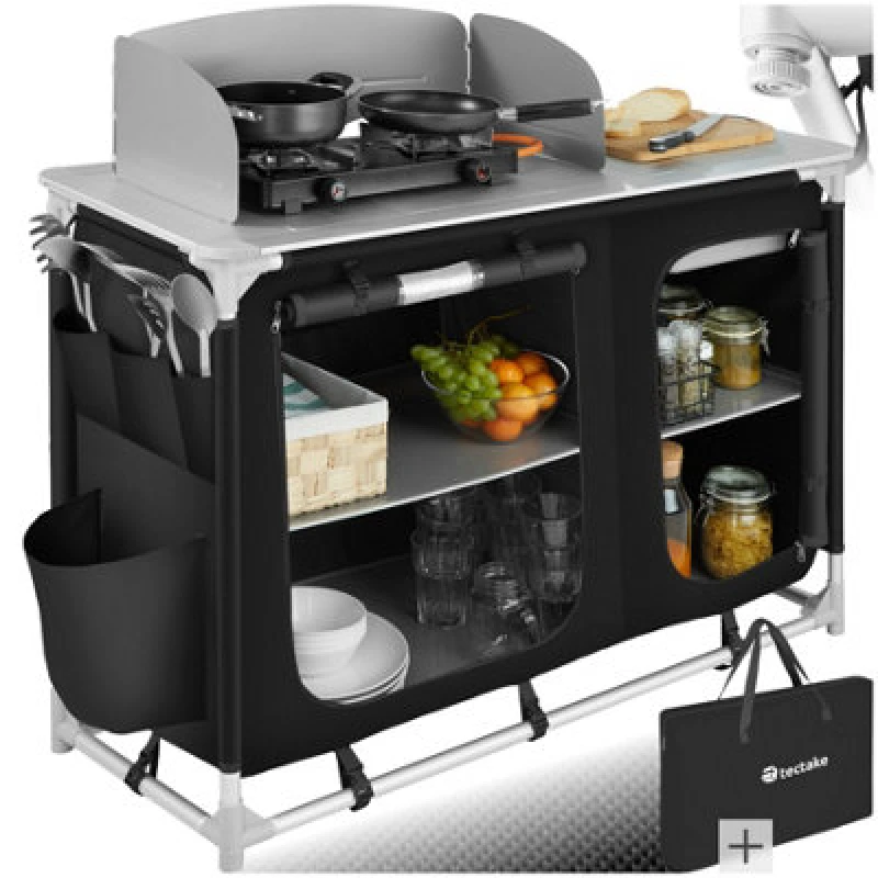 Image of Tectake Camping Kitchen - Foldable With 4 Compartments, Aluminium Frame - Black