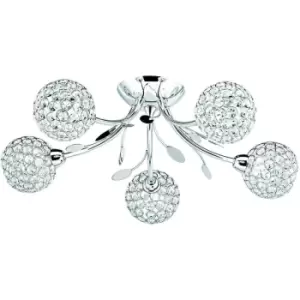 Image of Searchlight Bellis - 5 Light Semi Flush Multi Arm Ceiling Light Chrome and Glass Floral Leaves Design, G9