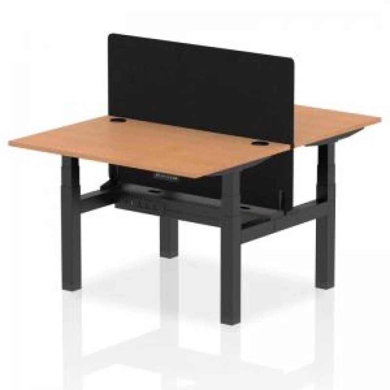 Image of Air Back - to - Back 1200 x 800mm Height Adjustable 2 Person Bench Office Desk Oak Top - Cable Ports Black Frame - Black Straight Screen