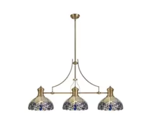 Image of 3 Light Telescopic Ceiling Pendant E27 With 30cm Tiffany Shade, Antique Brass, Blue, Clear Crystal