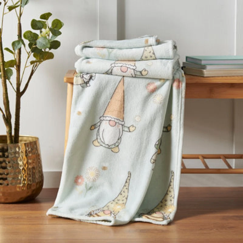 Image of Catherine Lansfield Spring Gnome Mint Green Fleece Throw Blanket 130cm x 170cm