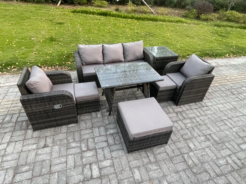 Image of Fimous 8 Seater Rattan Wicker Garden Furniture Patio Conservatory Sofa Set with Oblong Dining Table Reclining Chair Dark Grey