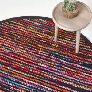 Image of Handwoven Multi Coloured Recycled Chindi Folk Rug, 150cm Round - Multi Colour - Homescapes